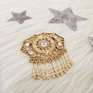 Vintage Gold Tone victorian revival Dangle Brooch rhinestone fringe filigree pin